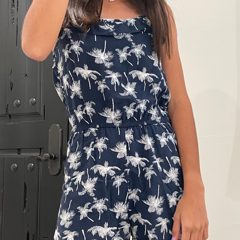 Navy Blue Palmtree Printed Romper